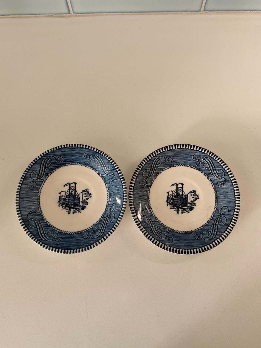 Vintage Royal China Currier and Ives Blue Steamboat Saucer Plates, Set of 2